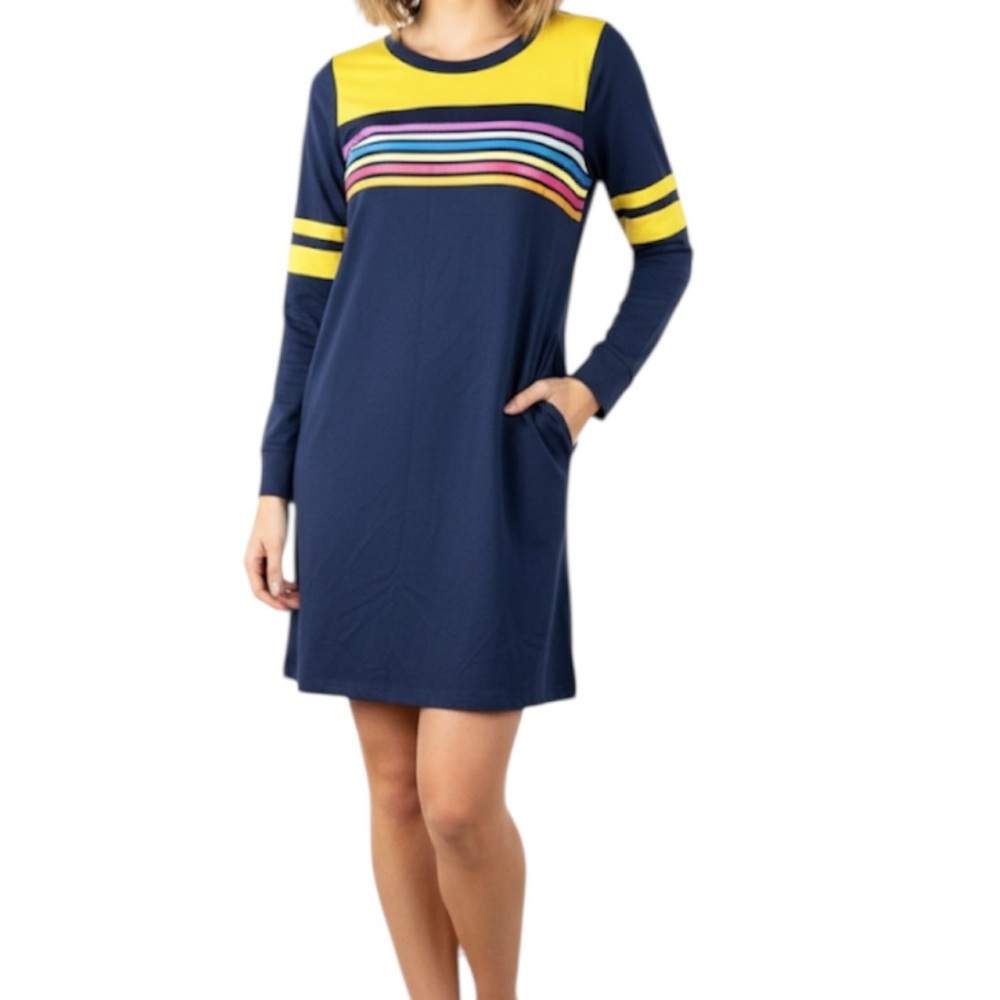 Umgee Navy Blue Rainbow Striped Long Sleeve Retro T-Shirt Dress Size Small